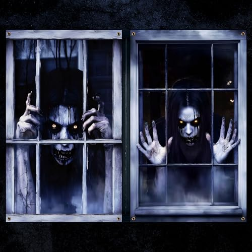 BUOAZR 2 Pcs Cortina de Halloween de Terror, 80 x 120cm Adornos Halloween, Decoración para Cubrir Paredes y Puertas con Pósteres de Terror y Sangre, Ventanas