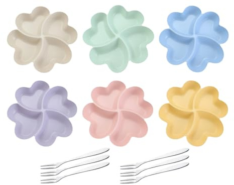 Abiyou Snackteller mit Fächern, 6PCS Herzförmige Snackteller Senden 6 Fruchtgabel, Wiederverwendbar Snackschale, Snackschale mit Fächern,für Familie Esszimmer Lagerung Frucht Snack Desserts(6 Farben)