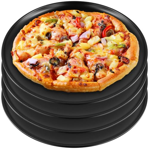 PINGEUI 4 Pack 12 inch Pizza Baking Tray, Stainless Steel Round Pizza Tray, Non-Stick Pizza Pans for Oven Baking Roasting Serving, Black