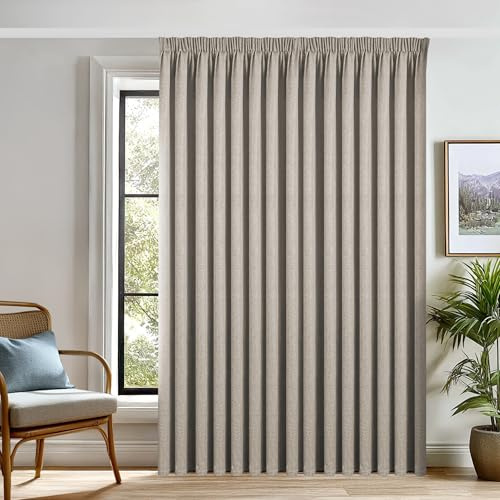 Deconovo Leinen Verdunklungsvorhang mit Kräuselband, 100% Blickdicht, Thermo & Schallschutz, Leinenoptik Blackout Gardine für Wohnzimmer, H245 x B300 cm, Dunkel Leinen, 1 Stück