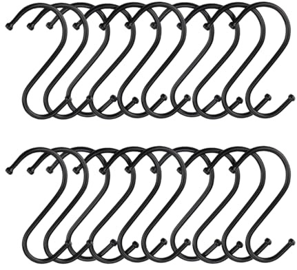 VISTTUSWILL 20-Pack Stainless Steel S-Hooks, Black | Heavy-Duty Metal S-Hooks for Hanging Clothes, Towels, and Meats Small Size