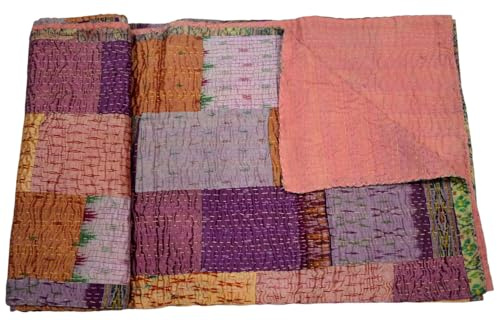 Arprani Indische Patchwork-Steppdecke, Kantha, handgefertigt, Seide, Sari-Patola, leichte Seiden-Steppdecke, King-Size-Größe, Vintage-Tagesdecken