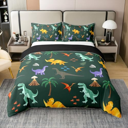 Loussiesd Dinosaurie påslakan pojkar flickor 3D digitalt tryck bomull sängkläder set king size andas mjukt djungel dinosaurie täcke 3 st tropiskt pamelträd sovrum dekor grön blå gul
