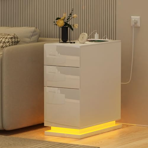 HaodaCulture Table de Chevet Etroite 30 cm, Table de Nuit LED, 16 Couleurs LED RVB, d'Appoint avec 2 Prises, 2 Ports USB, Chevet de Lit, Meuble de Nuit, Armoire de lit pour Chambre, Salon 50x30x63 cm