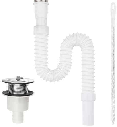 msymsyu Tubo de desagüe de 75 mm para lavabo, color blanco, flexible, sifón flexible, con modelo de 40 piezas de desagüe y cepillo de limpieza de 45 cm, sifón de alta calidad, flexible para baño