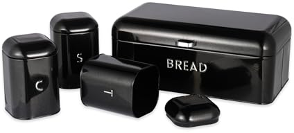 Salter Boston Countertop Set, 4 Piece Bread Bin and Canisters | Carbon Steel Tins, Embossed Bread Tea Coffee Sugar Labels, Gloss Black With Chrome Accents, Wipe Clean Finish, 4 Piece Set