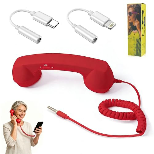 Auriculares retro para iPhone, tipo C, retro, receptor de teléfono celular, apto para videoconferencias, llamadas, reuniones (rojo)