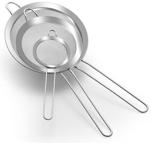 Homquen Stainless Steel Sieves and Strainers, Fine Mesh Strainers Pack of 3, Temperature-Proof, No Sharp Edges, Anti-Corrosive, Bend-Proof, Excellent for Sifting Flour, Rice, Tea (8cm+14cm+18cm)