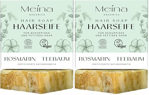Meina Bio Haarseife für fettiges Haar gegen Schuppen mit Rosmarin und Teebaum, Organic Zertifiziert, Vegan, Handgemacht, Plastikfrei, Ohne Palmöl, Wie ein festes Shampoo, 80g (Packung mit 2)