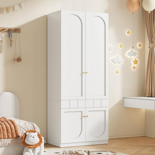 Merax 2-türiger Kleiderschrank für Kinderzimmer – Weiß, Lack-Kinderkleiderschrank mit Kleiderstange und Schubladen, Metallgriffe, 80×50×200 cm – Kleiderschrank Klein für Kinderkleidung