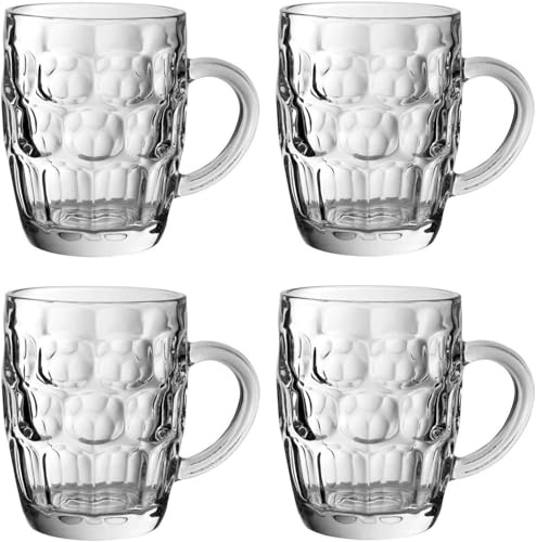 We Can Source It Ltd - Traditional Glass Pint Tankards Set of 4 – 585ml Dimpled Beer Mugs, Britannia Pint Glasses, Beer Steins, Clear Drinking Tankards for Beer, Ale, Cider and Soft Drinks