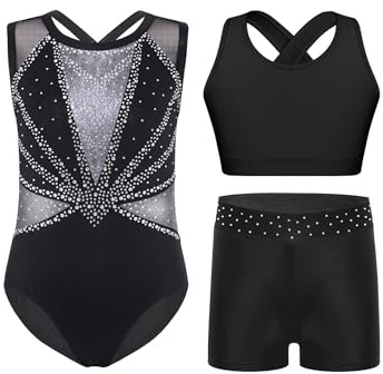 Yruioon Mädchen Turnanzug Glitzer Gymnastikanzug mit Shorts Sport BH Tops Weste 3Pcs
