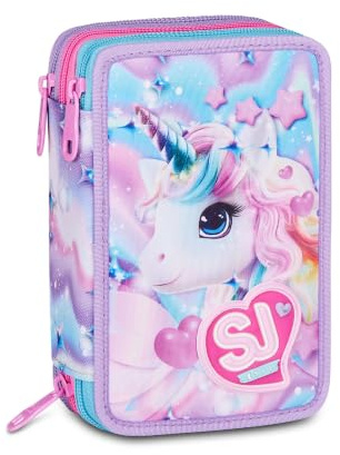 Astuccio scuola Sj girl Gang Seven - Glow Led Unicorno - 3 piani completo di cancelleria per bambina + portachiave paillettes e penna colorata