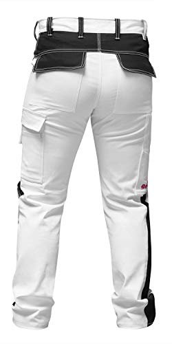 strongAnt® - Pantaloni Elastici da Lavoro Donna Bianco, Tasca per Ginocchiere, Cerniera Lampo YKK + Bottone YKK - Fatto nell'UE Bianco-Nero Cucitura Bianca 84