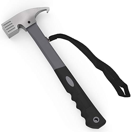 Camping-Hammer, robust, mit Zeltpfahlentferner, 32 cm Stahl-Zelthammer, gummierter Griff, Zelthammer mit Haltegurt (schwarz)