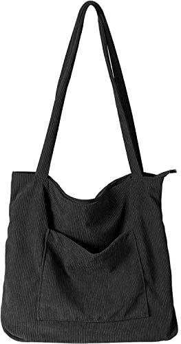 WantGor Women Corduroy Tote Bag, Large Shoulder Hobo Bags Casual Handbags Big Capacity Shopping Work Bag (Black)