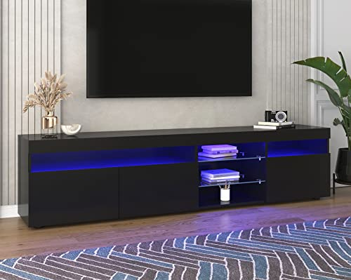 KecDuey 180cm TV Lowboard Hochglanz mit LED-Beleuchtung,Fernsehschrank TV-Schrank TV-Kommode mit 3 Türen & Glasregal 180x35x45cm (Schwarz)