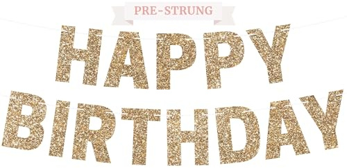 Pre-strung Happy Birthday Banner - No DIY - Gold Glitter Birthday Party Banner for Men & Women - Pre-strung Garland on 8 ft Strands - Gold Bday Party Decorations & Decor. Did We Mention No DIY