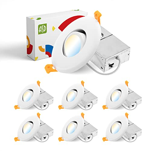 ASD 3 Inch Gimbal LED Recessed Light with Junction Box, 6W 463Lm, 2700K/3000K/3500K/4000K/5000K Adjustable Directional Lighting, Dimmable Rotatable Slim Swivel Spotlight, UL Energy Star White 6 Pack