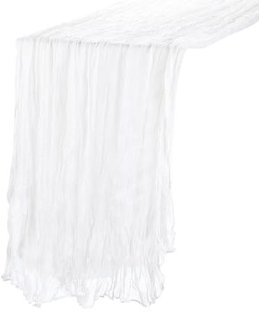 QUARKZMAN 11Ft Tovaglia Tavola Stamigna, 35 x 134 Pollici Rustico Garza Tovaglia Puro Runner per Matrimonio Festa Matrimonio Decorazioni Tavolo, Bianco