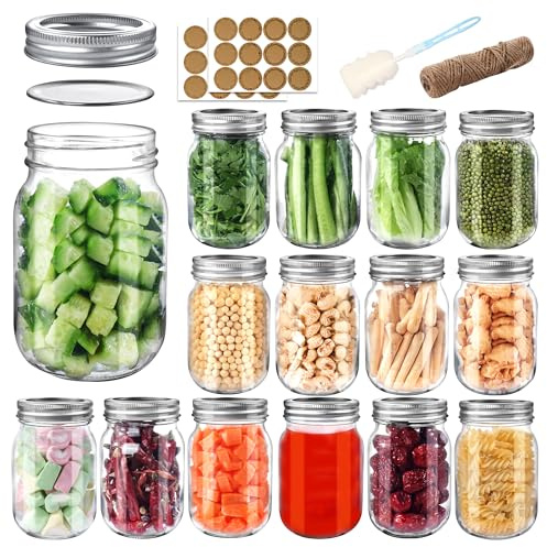 PINIWON Mason Jars 16 oz with Airtight Lids and Bands, 15 Pack Regular Mouth Canning Jars, Clear Glass Pint Jars for Canning, Pickling, Food Storage, DIY Projects, 24 Labels, Brush & String Included