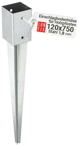 Einschlag-Bodenhülse 120x120mm 1,8 mm 750 mm Feuerverzinkt Holzpfosten | 4-Kant Materialstärke für Zäune & Gartenprojekte Gesamtlänge