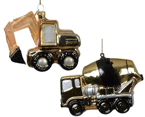Christbaumschmuck Glas 8,7cm - Baufahrzeug Figur zum Aufhängen - 1 Stück Sortiert - Weihnachtsbaum Anhänger für Weihnachten - Christbaumanhänger & Weihnachtsbaumschmuck - Bagger Betonmischer Gold