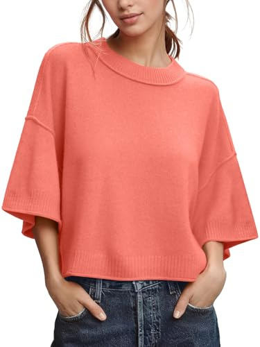 ZDC Women's Oversized Sweaters Summer Short Sleeve Casual Cropped Tops Lightweight Loose Fit Knit Pullover Orange