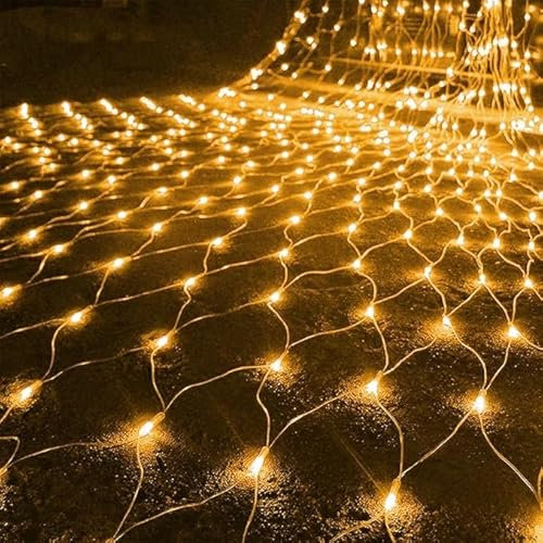 SHANJIA Luces de red de jardín con batería de, 1.5 m x 1.5 m 96LEDs Red de Luz LED,8 Modos Impermeable Cadena de Luces para Navidad Cortina Balcón Decoración (Amarillo)
