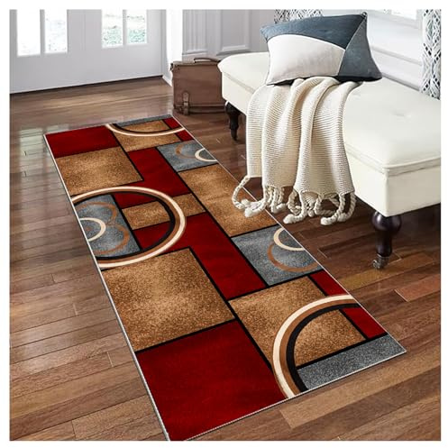 Siunwdiy Küchenläufer mit modernes -Motiv,80 x 400 cm, Läufer für Flur, rutschfest,waschbar,Eingangsbereich,Landhaus-Läufer,Burgunderrot Braun Läufer,Geometrisch Teppichläufer für Flur,Schlafzimmer