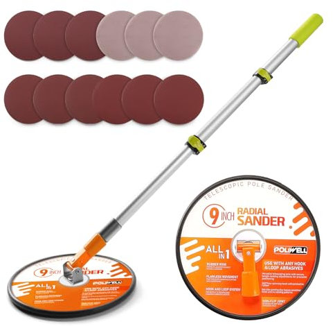 POLIWELL 9 Inch Drywall Pole Sander with 3-Foot Extension Pole - 360° Rotary Sanding Head for Walls & Ceilings, Includes 12 pcs Sanding Discs (100/180/240 Grits)