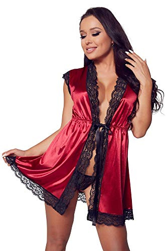 Orion Spitzen-Kimono - edler Nachtmantel für Frauen, mit Bindegürtel, glänzender Satin-Stoff, erotische Reizwäsche, rot/schwarz (2Xl)