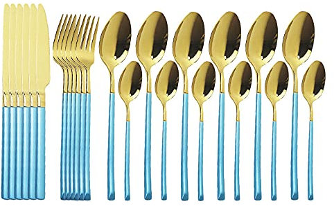 Couverts de table,24 pièces Ensemble de couverts en acier inoxydable Ensembles de vaisselle de polissage de miroir Utilisation polyvalente pour la maison et la cuisine-bleu et or