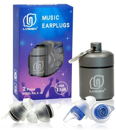 LYSIAN High Fidelity Concert Ear Plugs, 23dB Noise Reduction Musician Earplugs for Concerts, Festivals & Raves, Reusable Soft Earplugs with Aluminum Case, 2 Pairs Blue