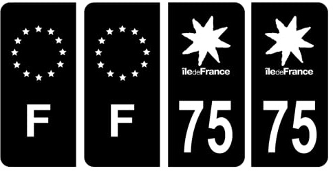 HADEXIA Nummernschild-Aufkleber, französisches Departement 75, Paris Region Ile-de-France, Schwarz und F, Frankreich, 4 Stück