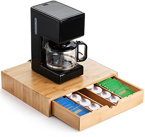 Peohud Bamboo Coffee Capsule Pod Holder with Sliding Drawer, Wooden Tea Bag Storage Organizer Drawer with 5 Adjustable Compartment for Kitchen, Office, Bar, Coffee Machine Stand