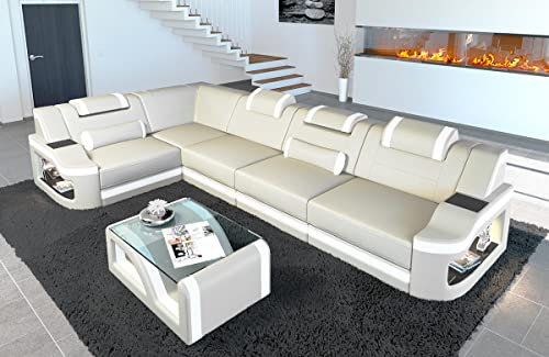 Ecksofa Padua Ledersofa L Form Sofa - mit LED Beleuchtung, verstellbare Kopfstützen, Recamiere/Lederfarben wählbar/Ausrichtung wählbar (Ecke Links, Beige-Weiß)