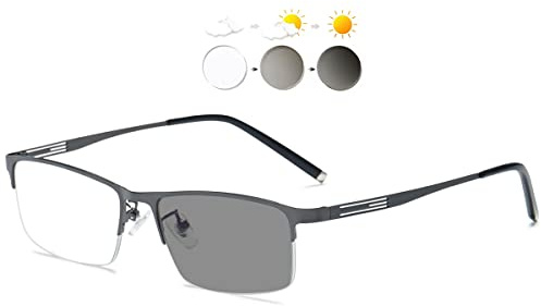 KOOSUFA Selbsttönende Lesebrille Herren Damen Halbrandbrille Metallrahmen | Business-Stil, Photochrome Sonnenbrille, UV-Schutz, Rechteckiger, Silikon Pad, Outdoor Lesehilfe, 0.0 1.0 1.5 2.0 2.5 3.0 3.5