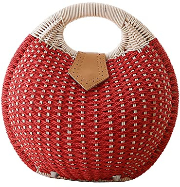 Hixingo Handtaschen Strohtaschen Damen Strandtasche Stroh, Runde Vintage Sommer Boho Geldbörse Strand Gewebte Tasche Frauen, Strohsack für Reisen und Urlaub (Rot,28x26x15cm)
