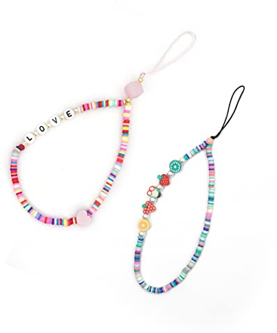 Universal Mobile Phone Lanyard Wrist Strap Pack of 2 with Pearl Chain Pendant and Gravel Letter Beads