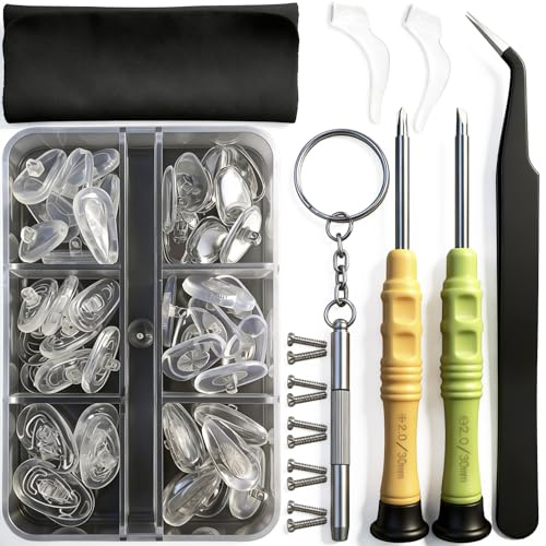 Eyeglass Nose Pads, GOTOBA 22 Pairs Screw-in Eyeglasses Nose Pads, Upgraded Glasses Nose Pad Replacement Kit with Eyeglass Screwdriver, Tweezers, Glasses Cloth, Small Screws.