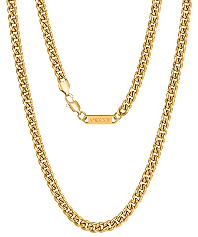 VEXXS 3/4/6mm Herren Panzerkette, 18K Gold beschichtet Cuban Halskette, Miami Kubanische Gliederkette Herren Kette Hip Hop Nickelfrei für Männer Damen (Golden-3mm, 56)