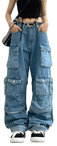 Baggy cargobyxor för kvinnor Y2K kläder flera fickor avslappnad passform jeans fe grunge kläder Alt Emo streetwear, 75 mm, S