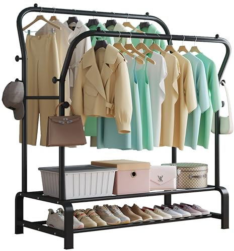 SMILOVII Heavy Duty Clothes Rail Free-standing Metal Coat Stand Rack with Garment Hanging Rails, Shoe Rack and 8 Side Hooks Sturdy Storage Shelf - Perfect Clothing Rail for Bedroom