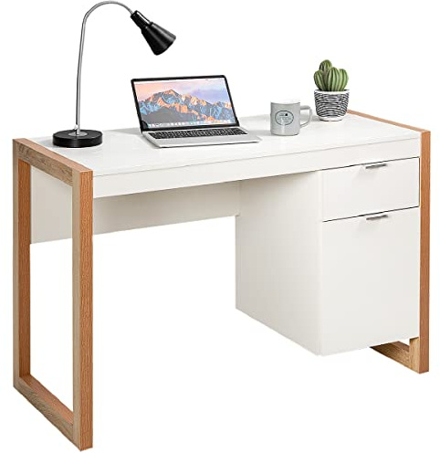 COSTWAY Computer Desk, 112 x 50cm Wooden Study Table Writing Workstation with Drawer and Cabinet, Modern PC Laptop Table Gaming Working Desk for Home Office Bedroom（White+Natural）
