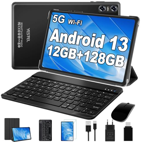 YESTEL Tablet 10 Pollici Android 13 OS con 5G WiFi, 12GB RAM 128GB ROM (TF 4-1TB),Processore 2.0 Ghz, FHD Tablet 2 in 1, Octa-Core, Bluetooth 5.0, 6000mAh, Tablet con Tastiera, 5MP+8MP, Nero