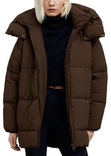 Flygo Womens Hooded Quilted Puffer Jacket Mid-Length Padded Warm Winter Heavyweight Coat Outerwear(Coffee-XL)
