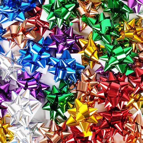 Dooozy 100 Pcs 2 Lazos Regalo Adhesivos Set, 7 Colores Metálicos Moños y Cintas para Decorar Regalos, Bodas, Fiestas, Cumpleaños