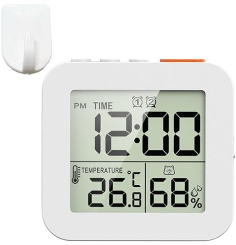 F Fityle Digital Shower Clock with Hook, Splashproof Digital Clock for The Bathroom, Large Display, Monitors Temperature in C/F and Humidity, White with 1 Hook