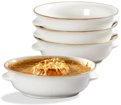 ONEMORE Ceramic Soup Bowls Set of 4, 20oz - Microwave, Oven & Dishwasher Safe Round Serving Bowls with Handles - Scratch-Resistant, for Chili, Beef Stew, Cereal, Pot Pies - Cream White
